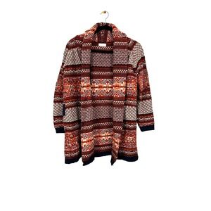 Freeway Cardigan Womens Small Red Orange Ivory Geometric Pattern Open Front